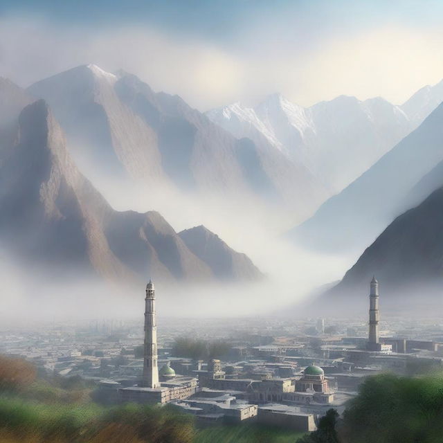 A high-quality digital art representation of a Tajik city nestled between towering mountains