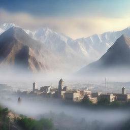 A high-quality digital art representation of a Tajik city nestled between towering mountains