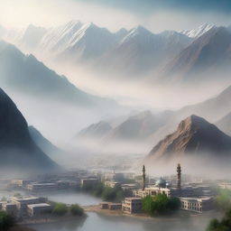 A high-quality digital art representation of a Tajik city nestled between towering mountains