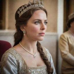 A modestly dressed woman, deeply engrossed in the discussion about the king. Her expressive eyes mirror her sincere feelings towards the sovereign.