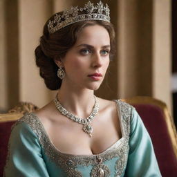 A modestly dressed woman, deeply engrossed in the discussion about the king. Her expressive eyes mirror her sincere feelings towards the sovereign.