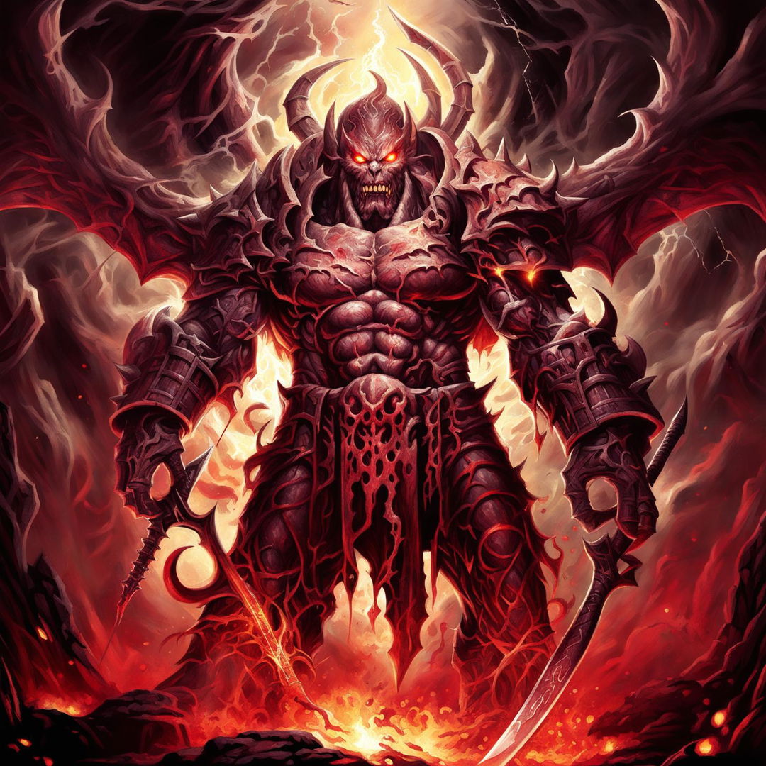 A high-quality digital art image showcasing the final demon boss from the game Painkiller, standing in a hellish landscape, ready for battle