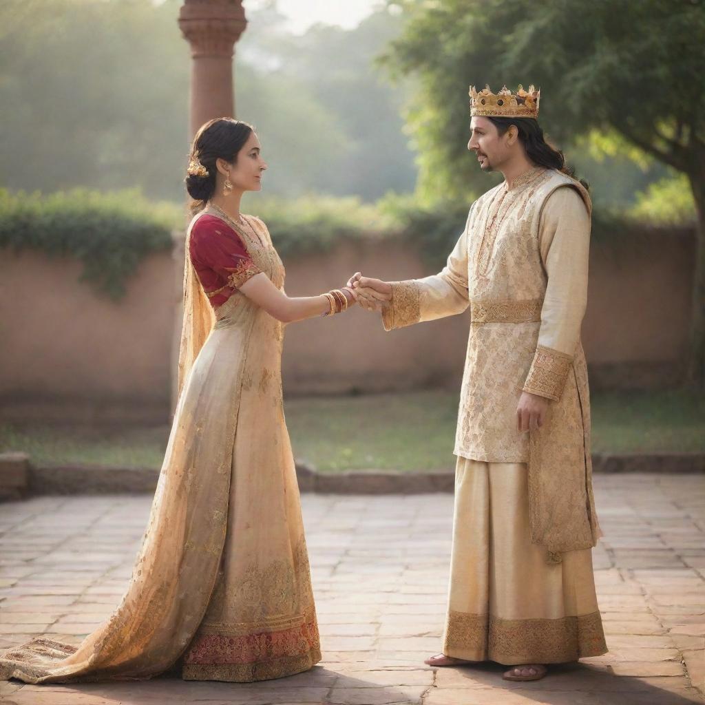 A compassionate king in his royal garments, extending his hand towards a humble woman in simple attire. Both interacting in a serene setting, evoking an air of mutual respect.