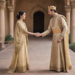 A compassionate king in his royal garments, extending his hand towards a humble woman in simple attire. Both interacting in a serene setting, evoking an air of mutual respect.