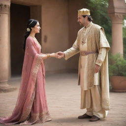 A compassionate king in his royal garments, extending his hand towards a humble woman in simple attire. Both interacting in a serene setting, evoking an air of mutual respect.