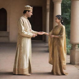 A compassionate king in his royal garments, extending his hand towards a humble woman in simple attire. Both interacting in a serene setting, evoking an air of mutual respect.