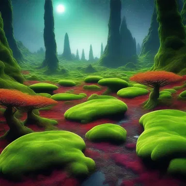 On the distant planet, the ground was covered in luminescent moss that glowed in different colors.