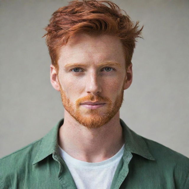 A handsome man with distinctive red hair and striking features, wearing casual clothes.