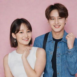 Jungkook from BTS standing alongside a non-descript girl, both looking friendly and happy, suitable for a tasteful and respectful wallpaper.