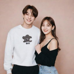 Jungkook from BTS standing alongside a non-descript girl, both looking friendly and happy, suitable for a tasteful and respectful wallpaper.