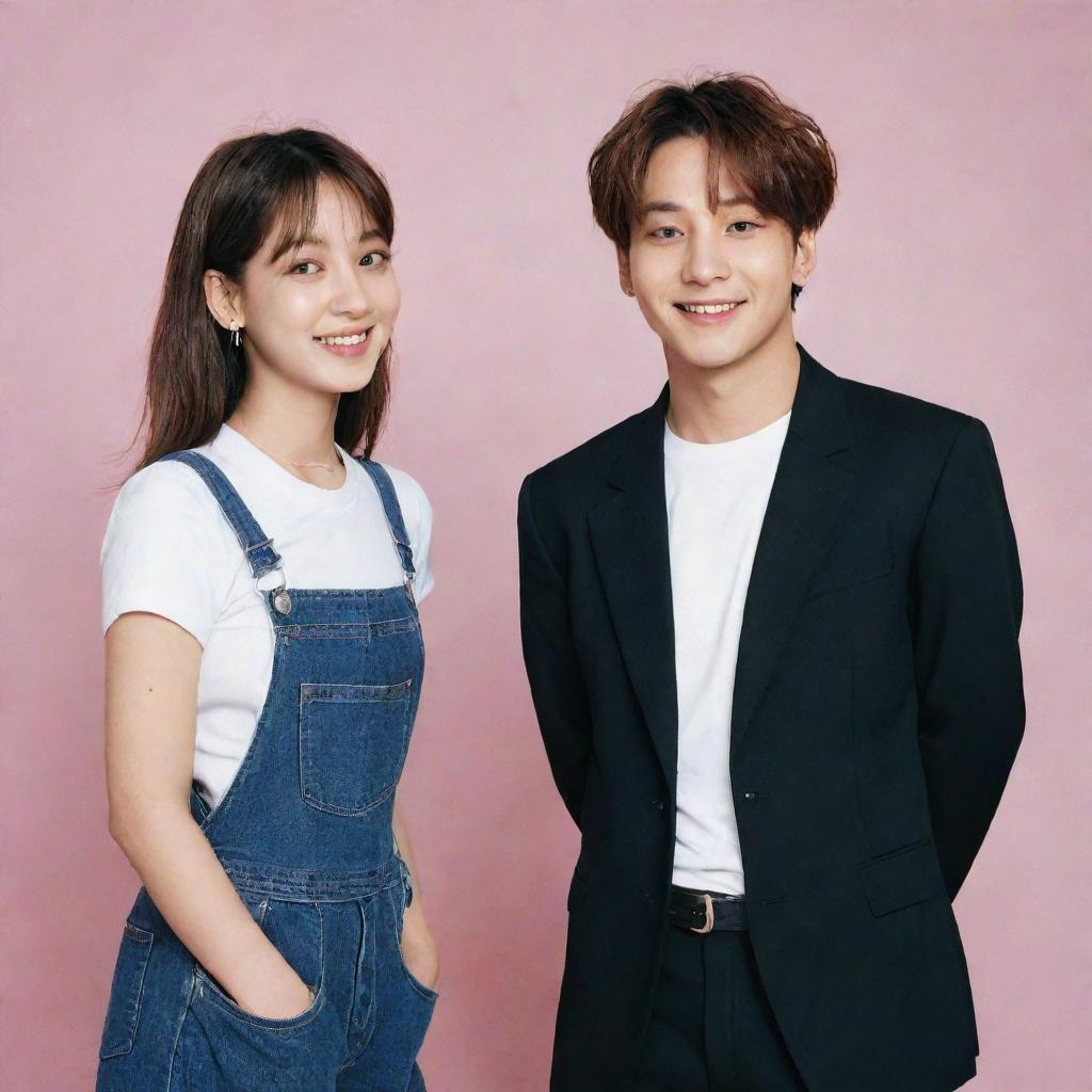 Jungkook from BTS standing alongside a non-descript girl, both looking friendly and happy, suitable for a tasteful and respectful wallpaper.