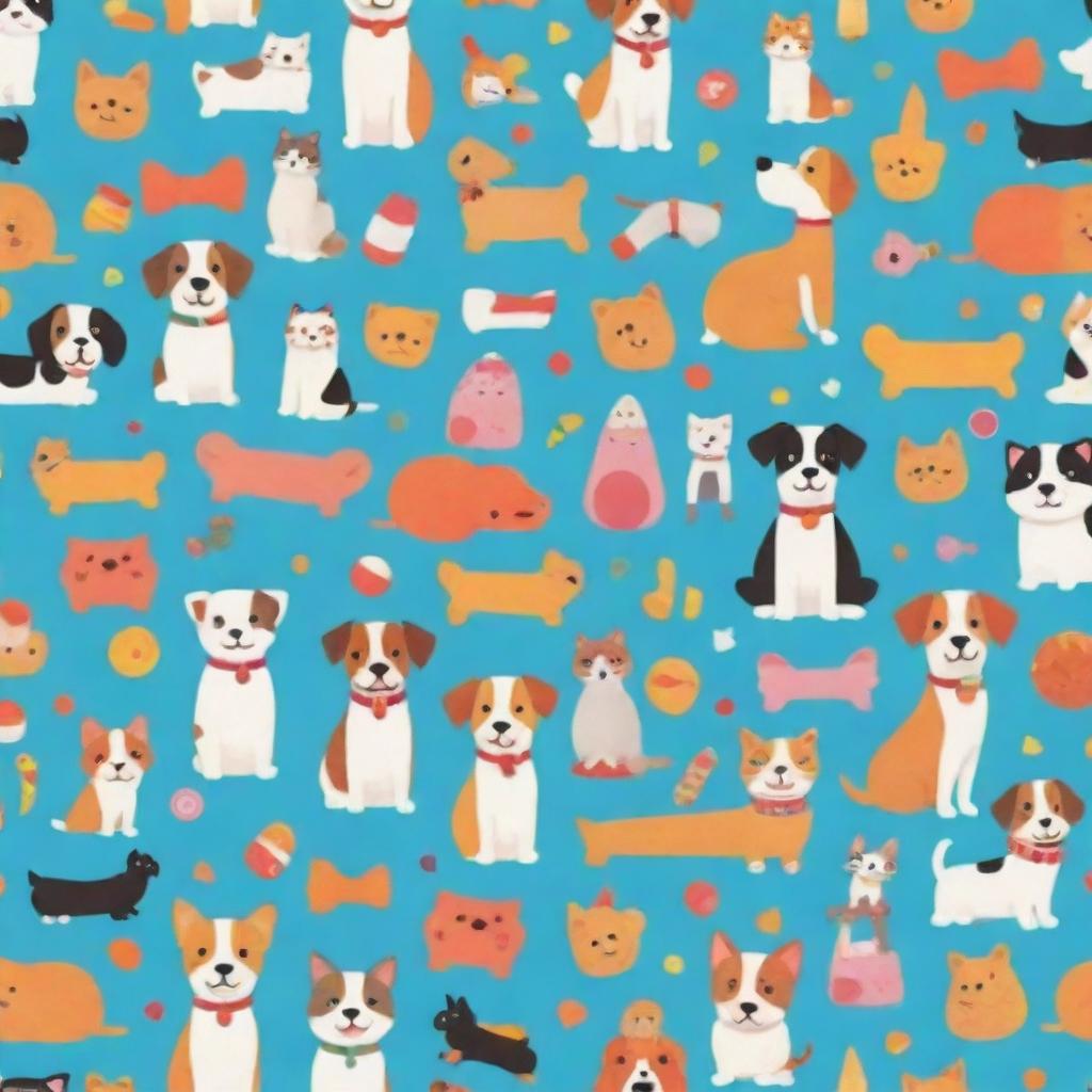 A vibrant animation-style background filled with playful cartoon characters including dogs, cats, and assorted toys