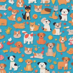 A vibrant animation-style background filled with playful cartoon characters including dogs, cats, and assorted toys