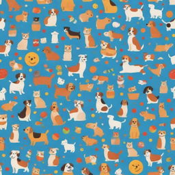 A vibrant animation-style background filled with playful cartoon characters including dogs, cats, and assorted toys