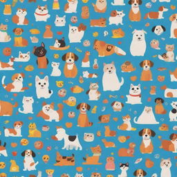 A vibrant animation-style background filled with playful cartoon characters including dogs, cats, and assorted toys