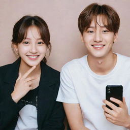 BTS's Jungkook next to a unidentified girl, both displaying friendly smiles, designed meticulously for an artistic and respectful phone wallpaper.