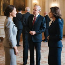 A diligent prime minister in a formal suit, engaged in a sincere conversation with a modestly dressed woman. The atmosphere exudes a sense of mutual understanding and communication.