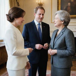 A diligent prime minister in a formal suit, engaged in a sincere conversation with a modestly dressed woman. The atmosphere exudes a sense of mutual understanding and communication.