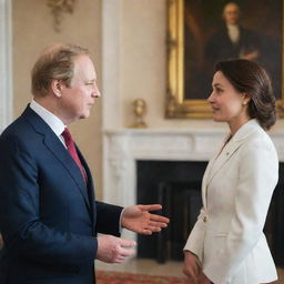 A diligent prime minister in a formal suit, engaged in a sincere conversation with a modestly dressed woman. The atmosphere exudes a sense of mutual understanding and communication.