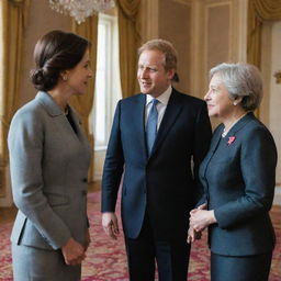 A diligent prime minister in a formal suit, engaged in a sincere conversation with a modestly dressed woman. The atmosphere exudes a sense of mutual understanding and communication.