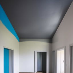 A room with walls painted halfway up in grey and blue above.