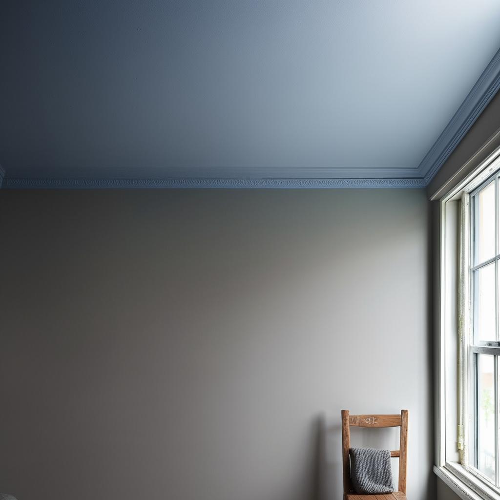 A room with walls painted halfway up in grey and blue above.