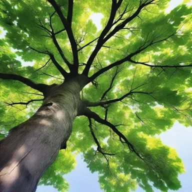 The author beautifully described the treetop, full of vibrant green leaves, in her descriptive passage.