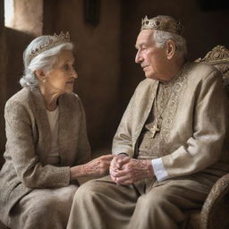 A compassionate king, engaged in a respectful discussion with a poor, elderly woman. Both sitting in a warm setting, the woman's weathered features belying her wisdom. The king leans in, showing his genuine interest.