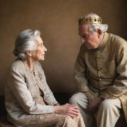 A compassionate king, engaged in a respectful discussion with a poor, elderly woman. Both sitting in a warm setting, the woman's weathered features belying her wisdom. The king leans in, showing his genuine interest.