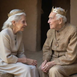 A compassionate king, engaged in a respectful discussion with a poor, elderly woman. Both sitting in a warm setting, the woman's weathered features belying her wisdom. The king leans in, showing his genuine interest.