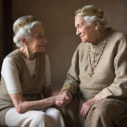 A compassionate king, engaged in a respectful discussion with a poor, elderly woman. Both sitting in a warm setting, the woman's weathered features belying her wisdom. The king leans in, showing his genuine interest.