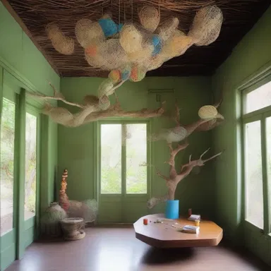 The interior of the house was decorated like a bowerbird's nest, with various ornamental structures and colorful objects.