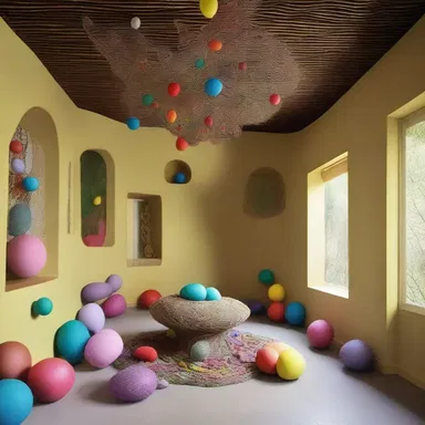 The interior of the house was decorated like a bowerbird's nest, with various ornamental structures and colorful objects.