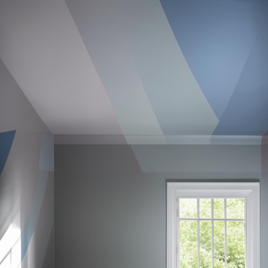 A room with walls painted halfway up in grey and blue above.