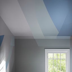 A room with walls painted halfway up in grey and blue above.