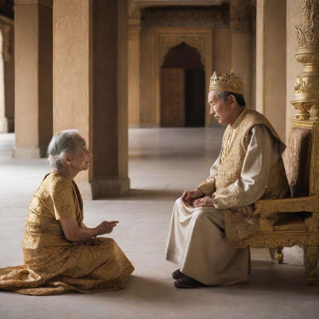 Inside a grand palace, a gentle king converses with a poor, old woman. The majesty of the palace contrasts her humble appearance, while the king's attention reinforces his humble nature.