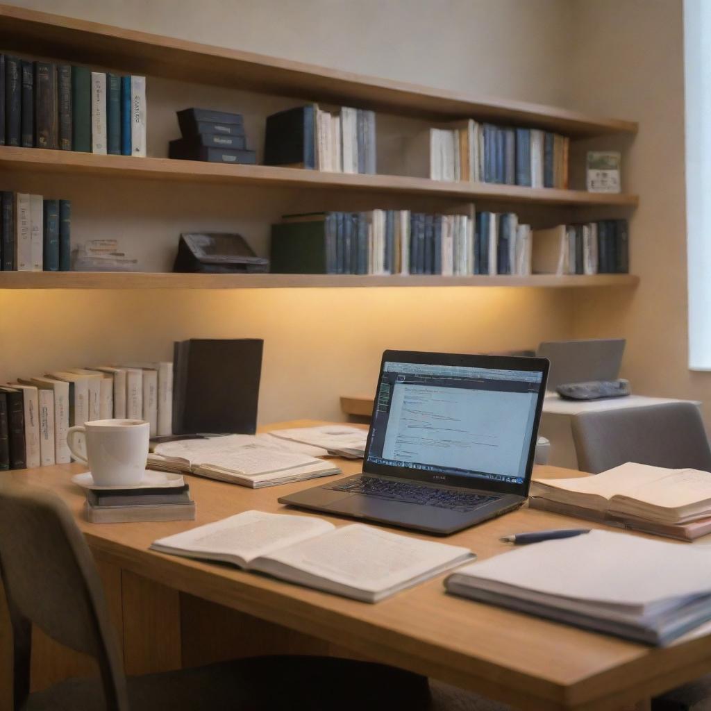 An image depicting a serene postgraduate study environment. A large desk filled with books, a laptop, a lamp, and a cup of coffee, surrounded by shelves of reference materials. Dimmed warm lighting creates an atmosphere of focus and intellect.