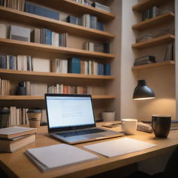 An image depicting a serene postgraduate study environment. A large desk filled with books, a laptop, a lamp, and a cup of coffee, surrounded by shelves of reference materials. Dimmed warm lighting creates an atmosphere of focus and intellect.