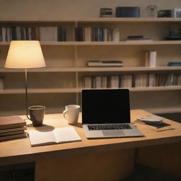 An image depicting a serene postgraduate study environment. A large desk filled with books, a laptop, a lamp, and a cup of coffee, surrounded by shelves of reference materials. Dimmed warm lighting creates an atmosphere of focus and intellect.