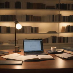 An image depicting a serene postgraduate study environment. A large desk filled with books, a laptop, a lamp, and a cup of coffee, surrounded by shelves of reference materials. Dimmed warm lighting creates an atmosphere of focus and intellect.