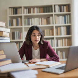 A focused woman immersed in her postgraduate study, surrounded by books and a laptop in a well-lit room.