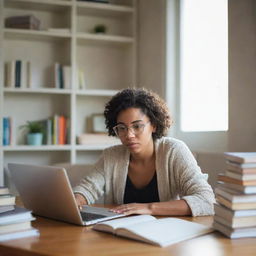 A focused woman immersed in her postgraduate study, surrounded by books and a laptop in a well-lit room.