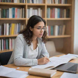 A focused woman immersed in her postgraduate study, surrounded by books and a laptop in a well-lit room.