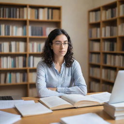 A focused woman immersed in her postgraduate study, surrounded by books and a laptop in a well-lit room.