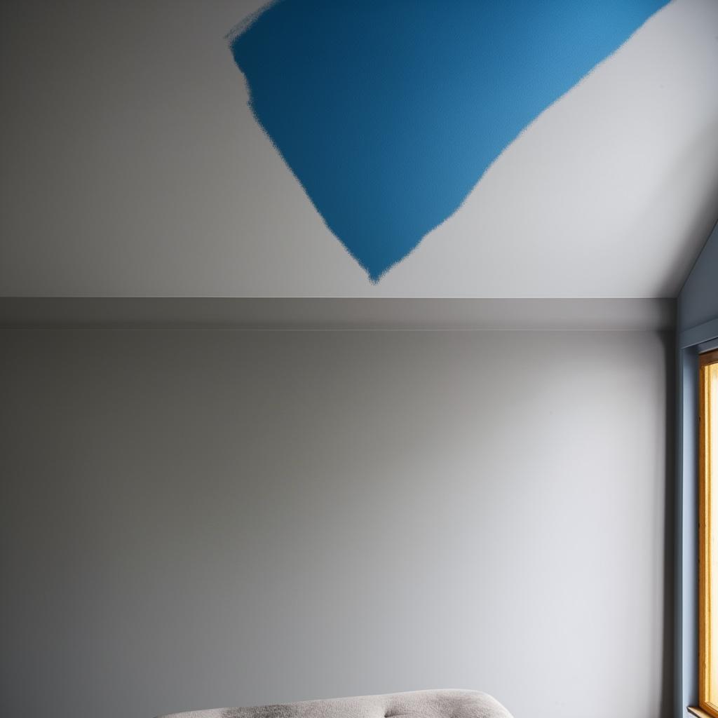 A room with walls painted halfway up in grey and blue above.