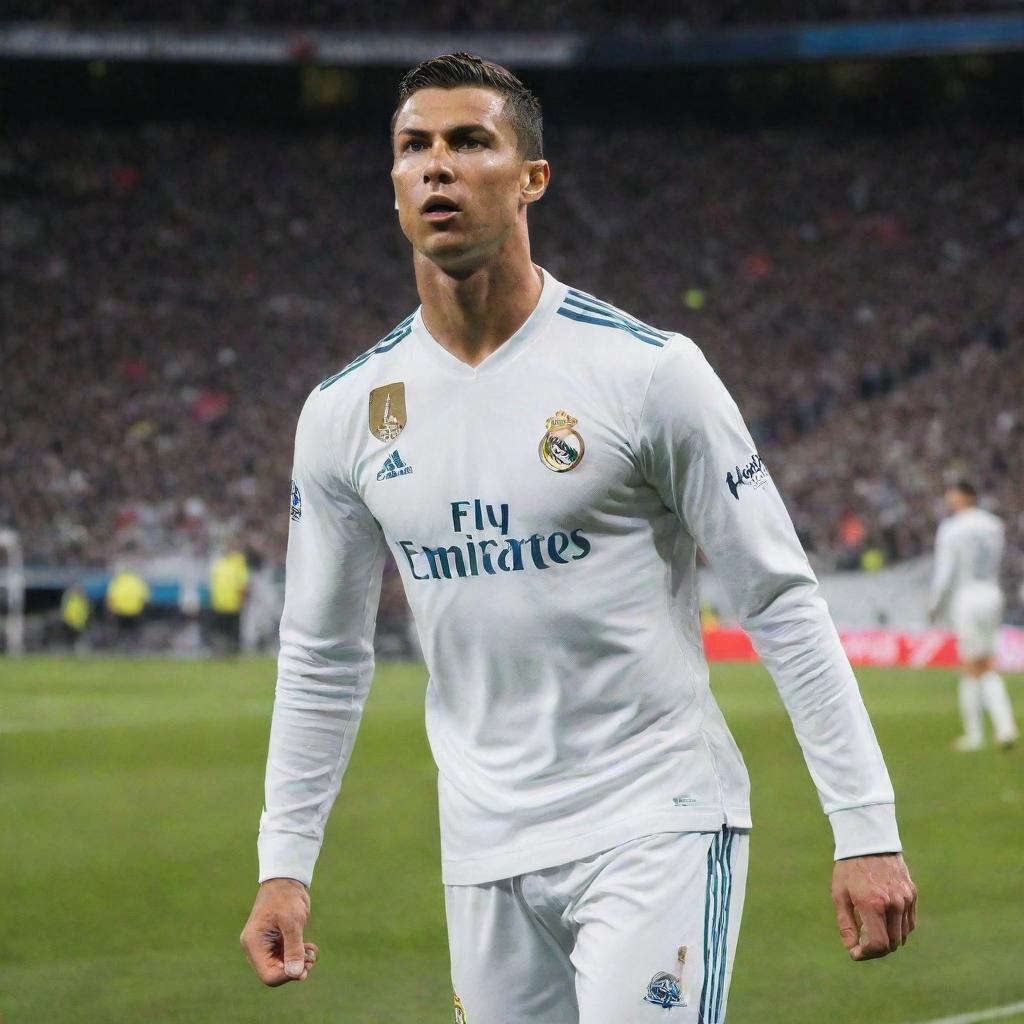 Cristiano Ronaldo in 2017 wearing his Real Madrid uniform, confidently playing on the football field with a vibrant backdrop of a packed stadium.