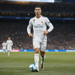 Cristiano Ronaldo in 2017 wearing his Real Madrid uniform, confidently playing on the football field with a vibrant backdrop of a packed stadium.