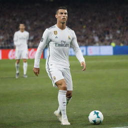 Cristiano Ronaldo in 2017 wearing his Real Madrid uniform, confidently playing on the football field with a vibrant backdrop of a packed stadium.