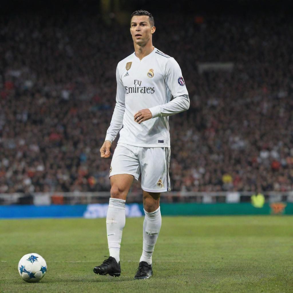 Cristiano Ronaldo in 2017 wearing his Real Madrid uniform, confidently playing on the football field with a vibrant backdrop of a packed stadium.