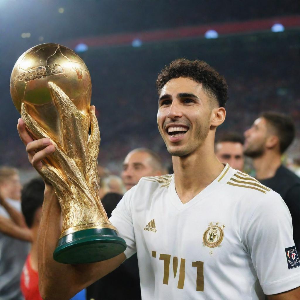 Achraf Hakimi jubilantly holding the African Cup trophy after a victory. He's in a vibrant football gear, the crowd behind him is exploding with joy, flashes of cameras and the brilliant stadium lights illuminate the scene.